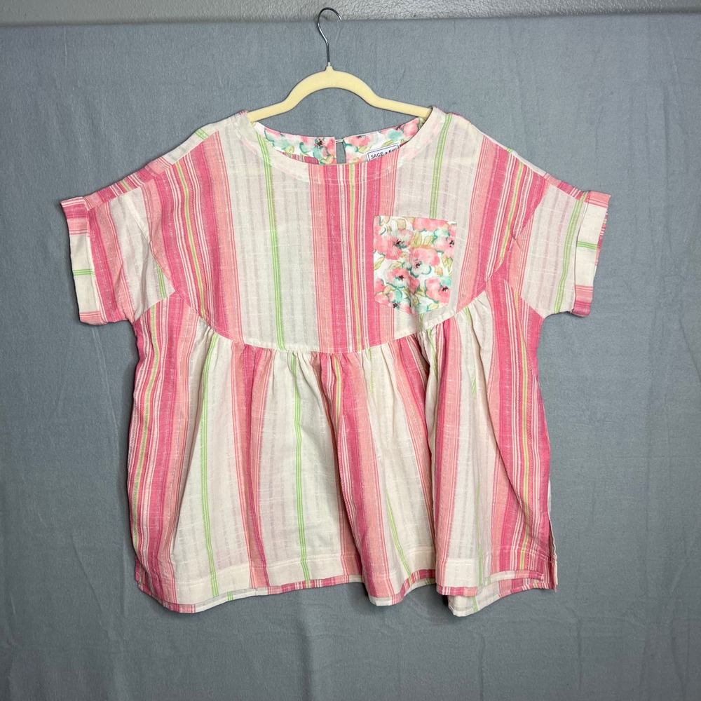 Sage + Fig Boxy Short Sleeve Top Size M Pink Striped Babydoll Shirt Boho Floral